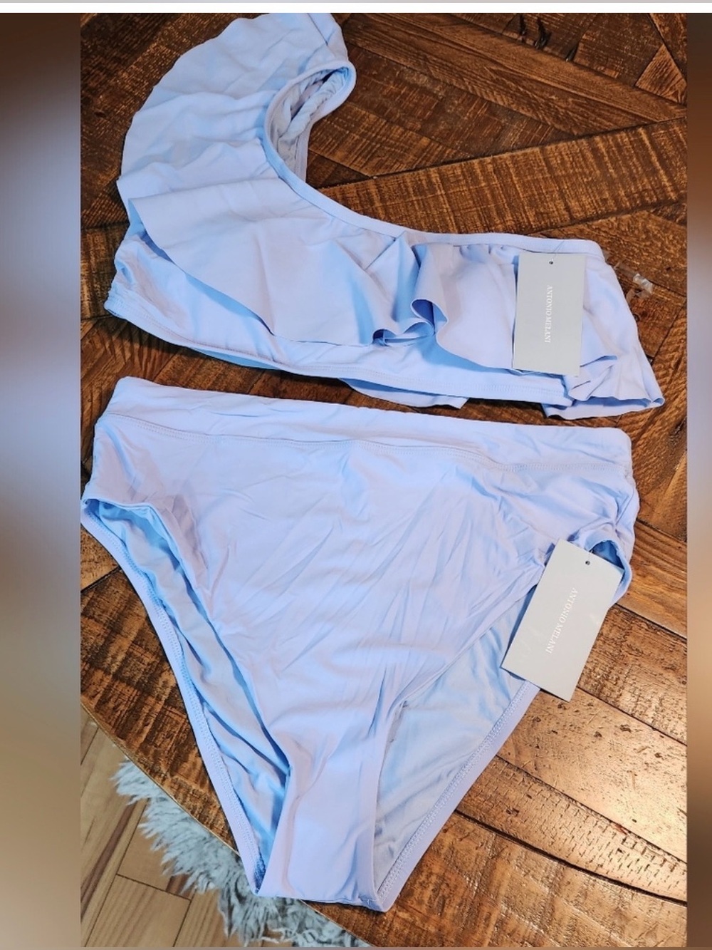 NWT ANTONIO MELANI FRENCH TOILE BABY BLUE RUFFLE ONE SHOULDER BIKINI SET XL